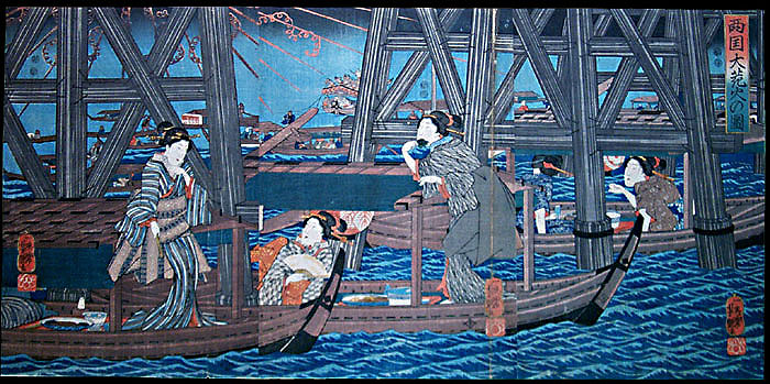 Utagawa Yoshitsuya, Boating party watching fireworks, Oban tate-e triptych
